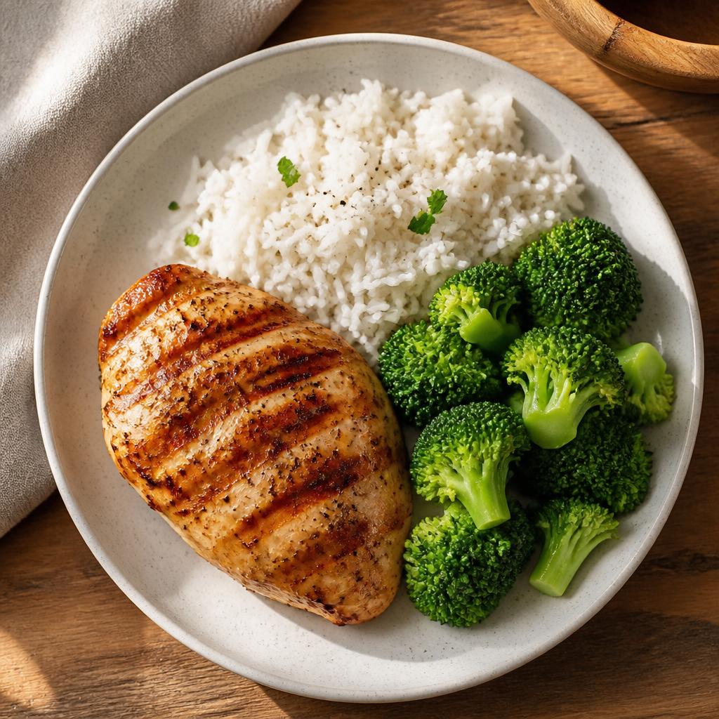 Photo of grilled chicken, rice and broccoli