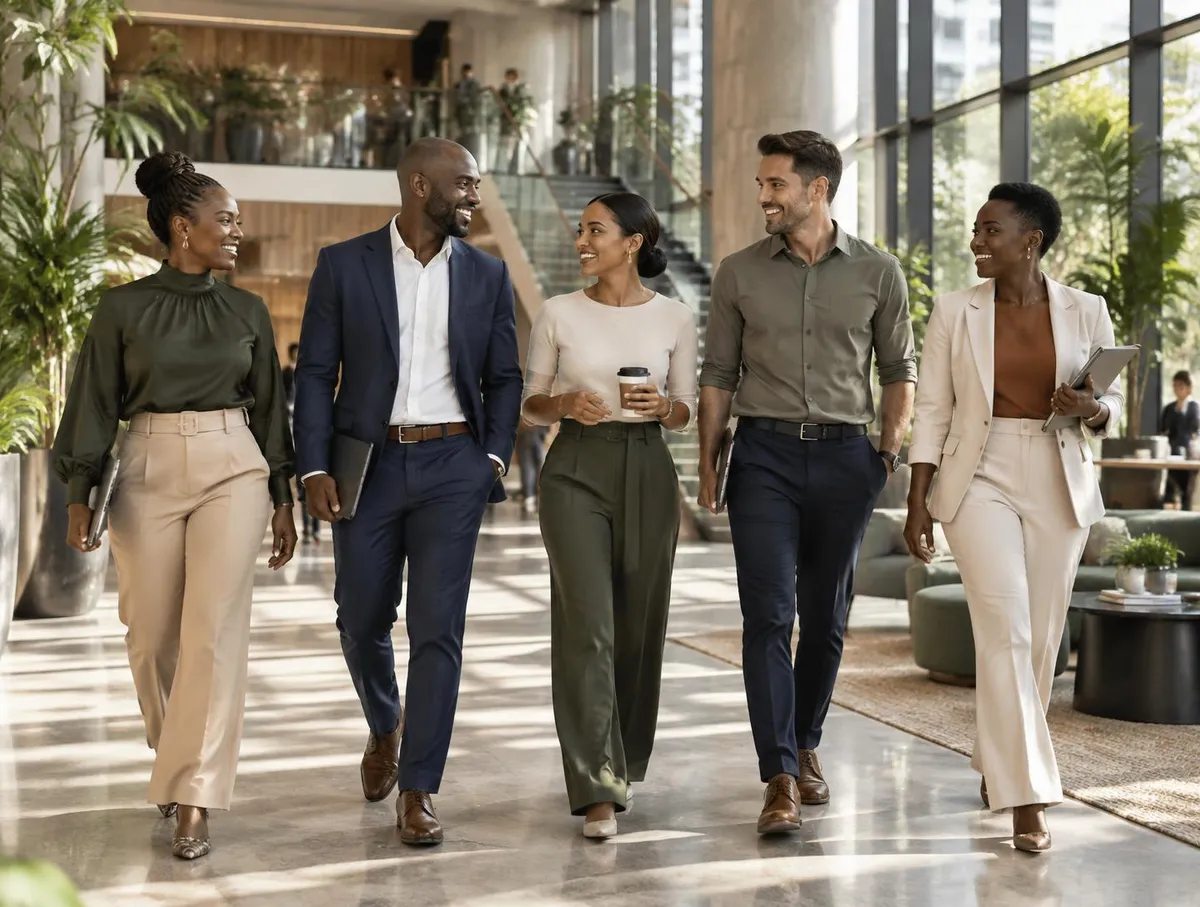 Colleagues walking together through a bright modern workplace