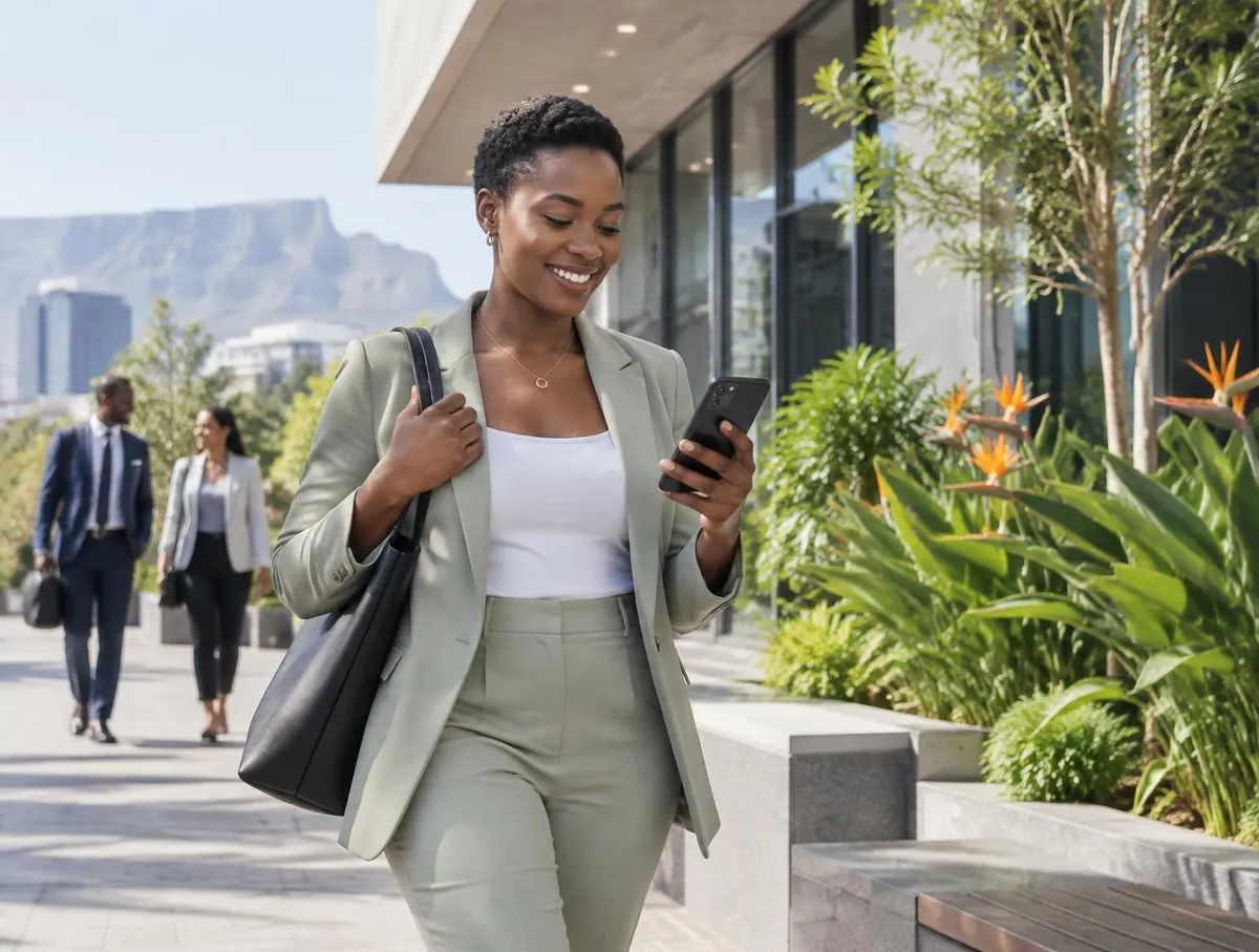 A professional checking her personal health plan while walking to work