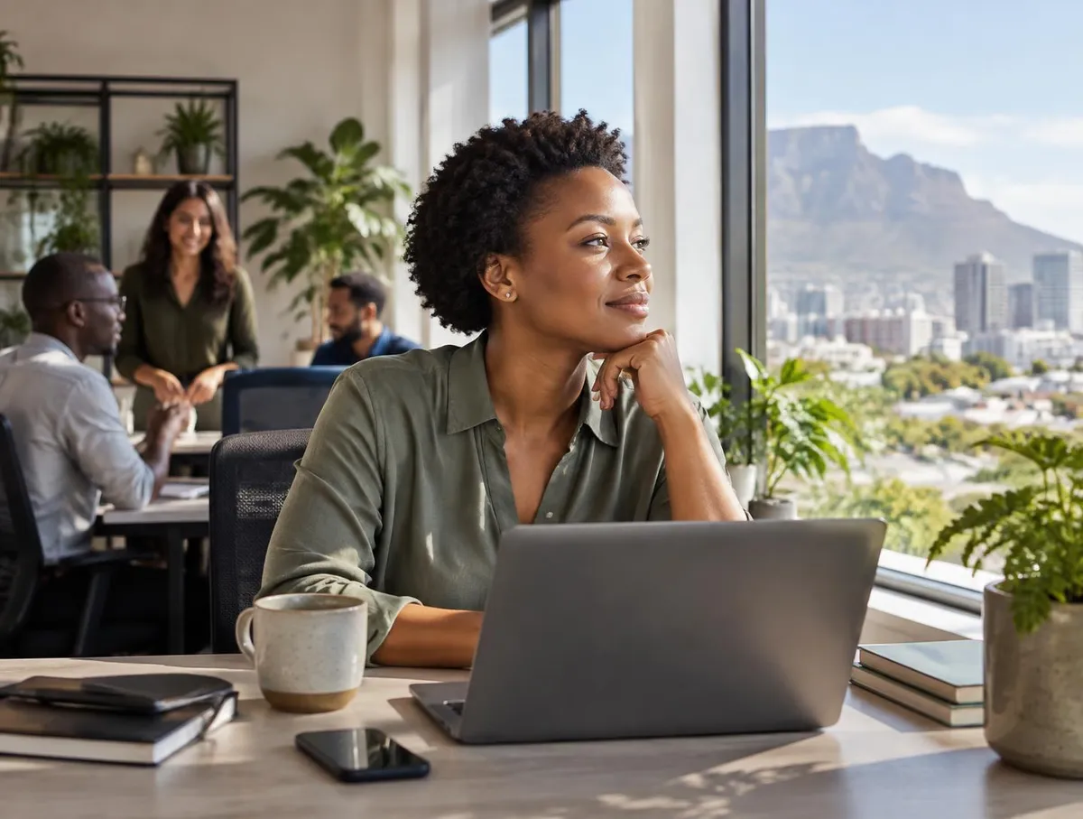 A professional reflecting at her desk in a bright Cape Town office